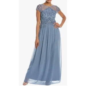 NWT Adrianna Papell Women's Beaded Bodice Formal Maxi Dress with GGT Skirt Blue